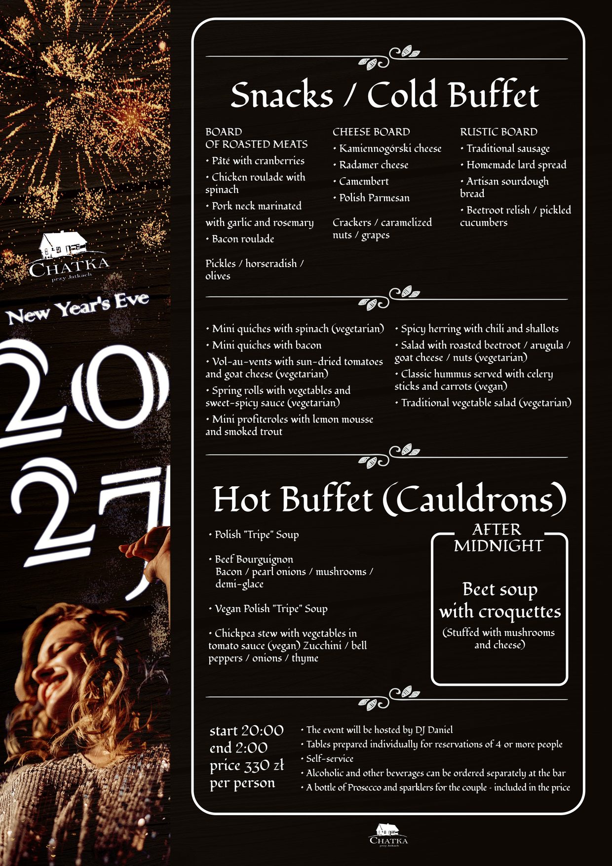 Plakat (Englisch): Silvester 2026/2027 in der Chatka przy Jatkach – Menü und Informationen