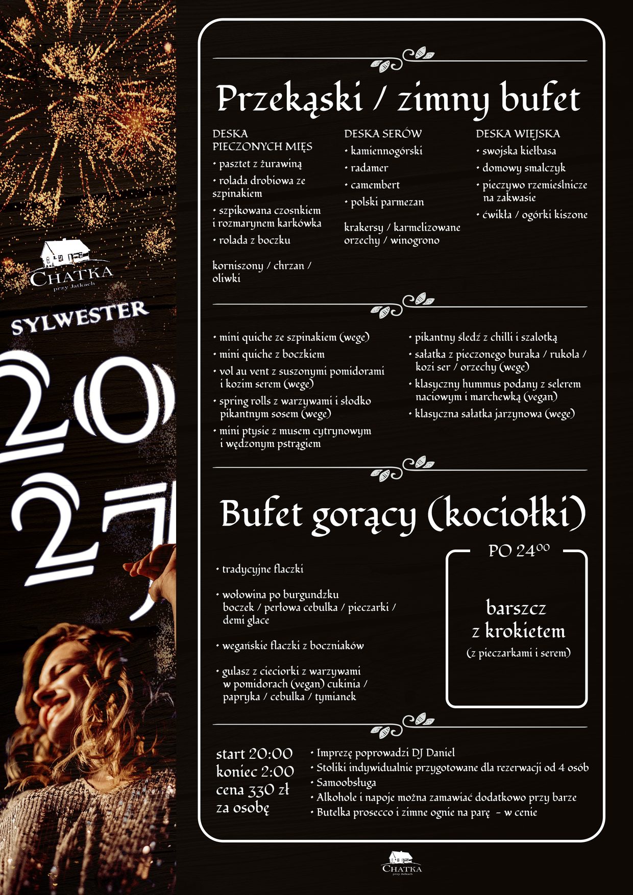 Plakat: Sylwester 2026/2027 w Chatce przy Jatkach – menu i informacje